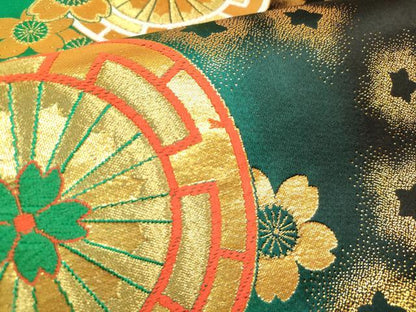平和屋着物[]女の子　子供　全通柄袋帯　唐織　源氏車舞桜文　黒地　金糸　逸品　DABH5326ea