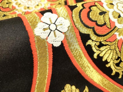 平和屋着物[]西陣　女の子　子供　全通柄袋帯　唐織　立涌花文　黒地　金糸　逸品　DABH5328ea