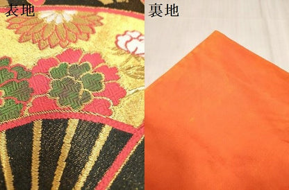 平和屋着物[]女の子　子供　全通柄袋帯　鳳凰扇面花文　青海波　黒地　金糸　逸品　DABH5329ea