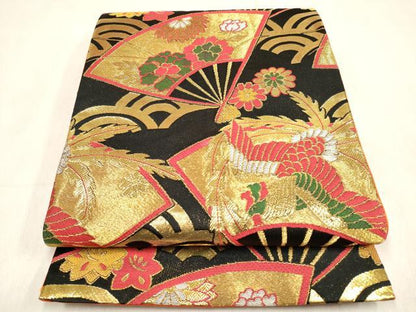 平和屋着物[]女の子　子供　全通柄袋帯　鳳凰扇面花文　青海波　黒地　金糸　逸品　DABH5329ea