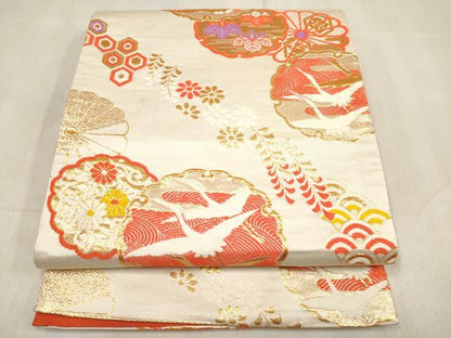 平和屋着物[]女の子　子供　全通柄袋帯　唐織　雪輪飛鶴吉祥花文　金糸　逸品　DABH5333ea