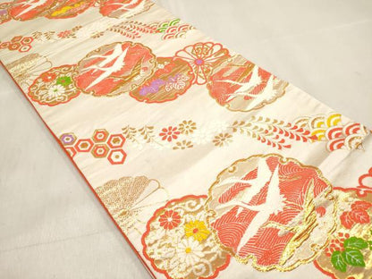 平和屋着物[]女の子　子供　全通柄袋帯　唐織　雪輪飛鶴吉祥花文　金糸　逸品　DABH5333ea