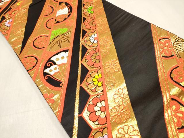 平和屋着物[]女の子　子供　全通柄袋帯　唐織　花蝶文　松竹梅　黒地　金糸　逸品　DABH5334ea