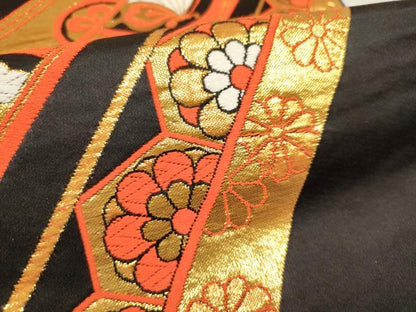 平和屋着物[]女の子　子供　全通柄袋帯　唐織　花蝶文　松竹梅　黒地　金糸　逸品　DABH5334ea