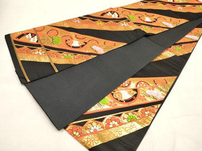 平和屋着物[]女の子　子供　全通柄袋帯　唐織　花蝶文　松竹梅　黒地　金糸　逸品　DABH5334ea