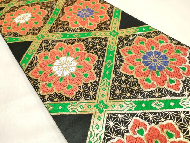 平和屋着物[]女の子　子供　全通柄袋帯　唐織　天井花文　黒地　金糸　DABH5335ea