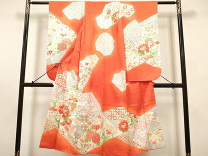 平和屋着物[]七五三　女の子　７歳　祝着　四つ身　切嵌花文　暈し染め　金彩　逸品　DABH5346ea
