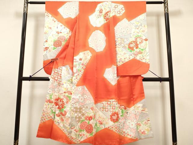 平和屋着物[]七五三　女の子　７歳　祝着　四つ身　切嵌花文　暈し染め　金彩　逸品　DABH5346ea