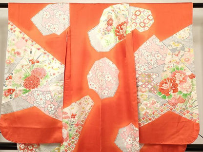 平和屋着物[]七五三　女の子　７歳　祝着　四つ身　切嵌花文　暈し染め　金彩　逸品　DABH5346ea