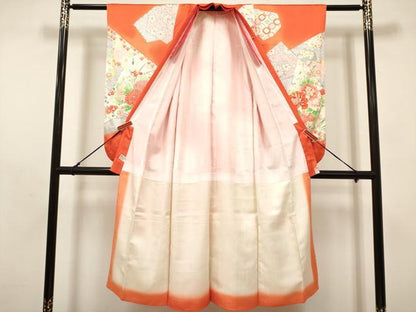 平和屋着物[]七五三　女の子　７歳　祝着　四つ身　切嵌花文　暈し染め　金彩　逸品　DABH5346ea