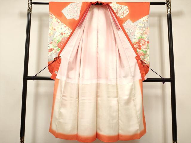 平和屋着物[]七五三　女の子　７歳　祝着　四つ身　切嵌花文　暈し染め　金彩　逸品　DABH5346ea