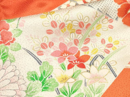 平和屋着物[]七五三　女の子　７歳　祝着　四つ身　切嵌花文　暈し染め　金彩　逸品　DABH5346ea