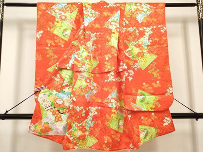 平和屋着物[]七五三　女の子　３歳　祝着　三つ身　駒刺繍　切嵌花車文　金彩　DABH5347ea