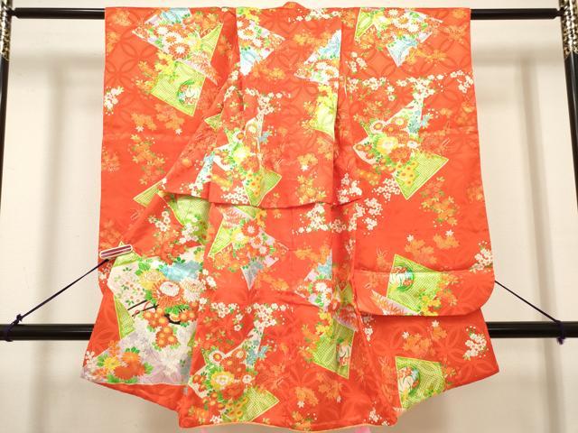 平和屋着物[]七五三　女の子　３歳　祝着　三つ身　駒刺繍　切嵌花車文　金彩　DABH5347ea