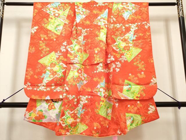 平和屋着物[]七五三　女の子　３歳　祝着　三つ身　駒刺繍　切嵌花車文　金彩　DABH5347ea