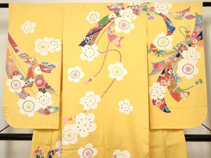 平和屋着物[]七五三　女の子　７歳　祝着　四つ身　束ね熨斗舞桜文　金彩　逸品　DABH5349ea