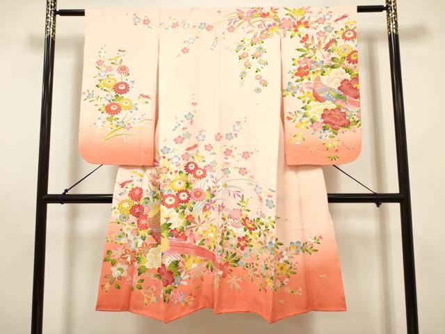 平和屋着物[]七五三　女の子　７歳　祝着　四つ身　尾長鳥花文　枝梅　逸品　DABH5351ea