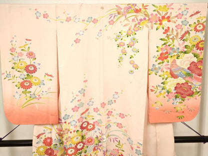 平和屋着物[]七五三　女の子　７歳　祝着　四つ身　尾長鳥花文　枝梅　逸品　DABH5351ea