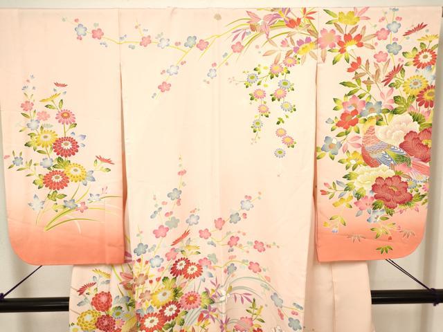 平和屋着物[]七五三　女の子　７歳　祝着　四つ身　尾長鳥花文　枝梅　逸品　DABH5351ea
