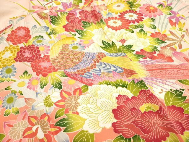 平和屋着物[]七五三　女の子　７歳　祝着　四つ身　尾長鳥花文　枝梅　逸品　DABH5351ea