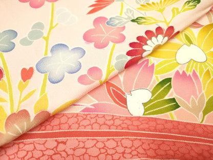 平和屋着物[]七五三　女の子　７歳　祝着　四つ身　尾長鳥花文　枝梅　逸品　DABH5351ea