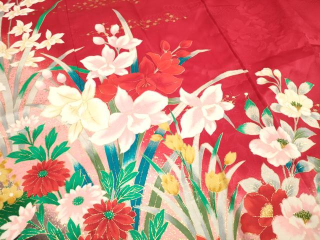 平和屋着物[]七五三　女の子　７歳　祝着　四つ身　草花文　暈し染め　金彩　逸品　DABH5352ea