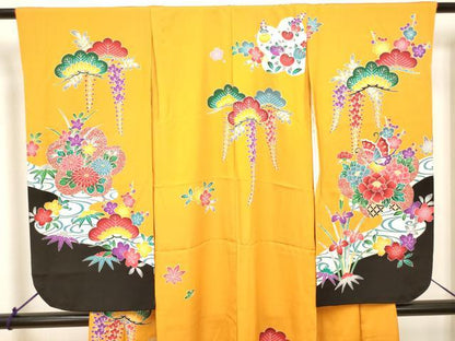 平和屋着物[]七五三　女の子　７歳　祝着　四つ身　型染　松竹梅　流水花車舞蝶文　金彩　逸品　DABH5354ea