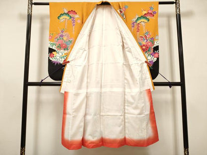 平和屋着物[]七五三　女の子　７歳　祝着　四つ身　型染　松竹梅　流水花車舞蝶文　金彩　逸品　DABH5354ea