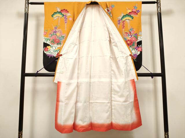平和屋着物[]七五三　女の子　７歳　祝着　四つ身　型染　松竹梅　流水花車舞蝶文　金彩　逸品　DABH5354ea