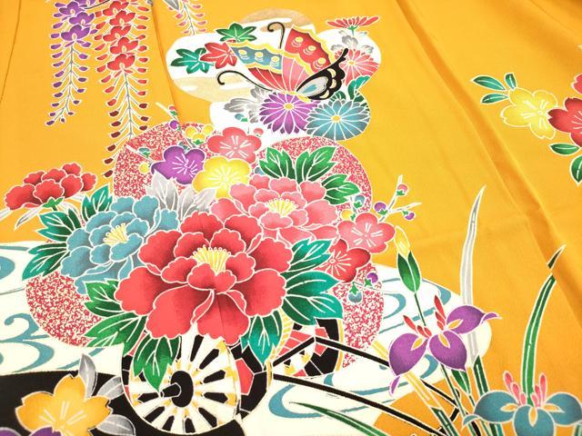 平和屋着物[]七五三　女の子　７歳　祝着　四つ身　型染　松竹梅　流水花車舞蝶文　金彩　逸品　DABH5354ea