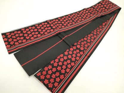 平和屋着物◎本場筑前博多織　半幅帯　舞花文　黒地　正絹　逸品　DABH5367ea