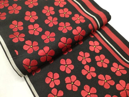 平和屋着物◎本場筑前博多織　半幅帯　舞花文　黒地　正絹　逸品　DABH5367ea