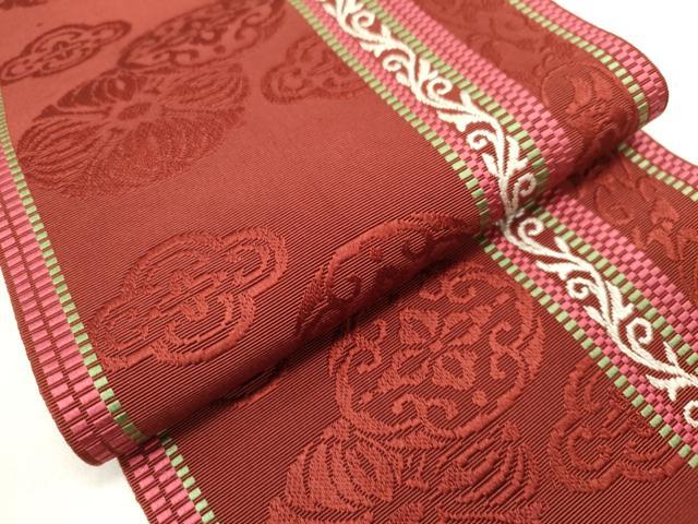 平和屋着物◎本場筑前博多織　両面　半幅帯　花丸間道　正絹　逸品　DABH5375ea