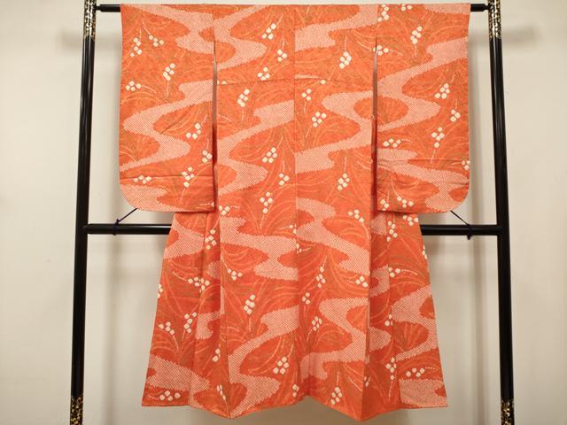 平和屋着物[]七五三　女の子　７歳　祝着　四つ身　総絞り　流水花文　逸品　DABH5391ea