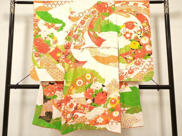 平和屋着物[]七五三　女の子　７歳　祝着　四つ身　駒刺繍　束ね熨斗花文　金彩　逸品　DABH5392ea