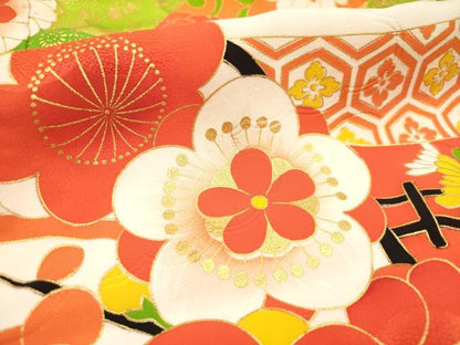 平和屋着物[]七五三　女の子　７歳　祝着　四つ身　駒刺繍　束ね熨斗花文　金彩　逸品　DABH5392ea