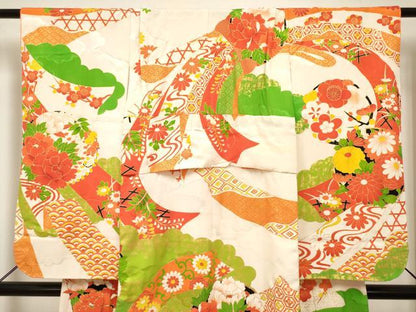 平和屋着物[]七五三　女の子　７歳　祝着　四つ身　駒刺繍　束ね熨斗花文　金彩　逸品　DABH5392ea