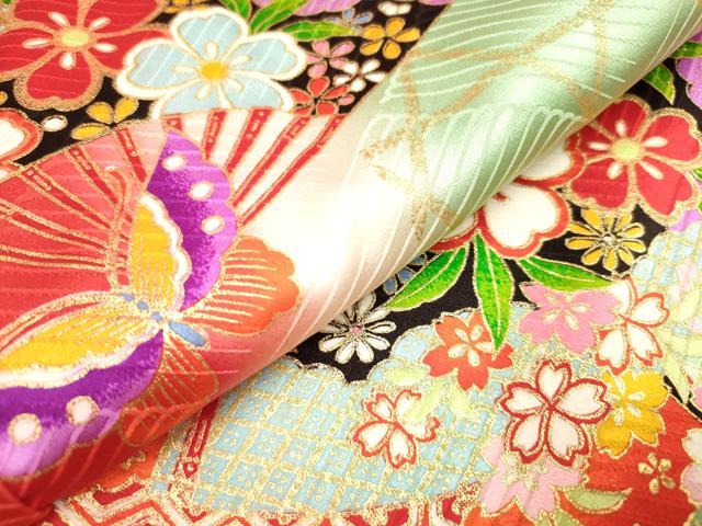 平和屋着物∵女の子　十三参り　子供　祝着　扇面花蝶間道　暈し染め　金彩　逸品　未使用　DABH5394ea