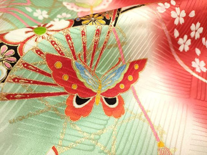 平和屋着物∵女の子　十三参り　子供　祝着　扇面花蝶間道　暈し染め　金彩　逸品　未使用　DABH5394ea