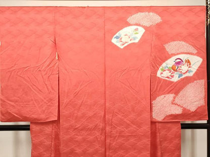 平和屋着物[]七五三　女の子　７歳　祝着　四つ身　絞り　地紙鴛鴦花文　仮絵羽　逸品　未使用　DABH5395ea