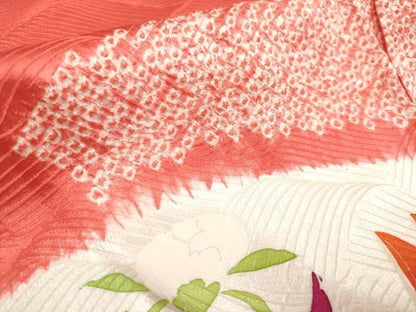 平和屋着物[]七五三　女の子　７歳　祝着　四つ身　絞り　地紙鴛鴦花文　仮絵羽　逸品　未使用　DABH5395ea