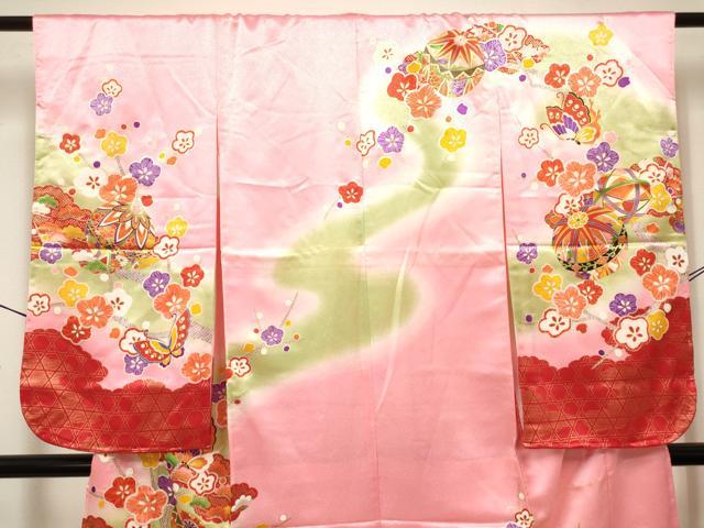 平和屋着物[]七五三　女の子　７歳　祝着　四つ身　枝梅舞蝶鞠文　暈し染め　金彩　DABH5396ea