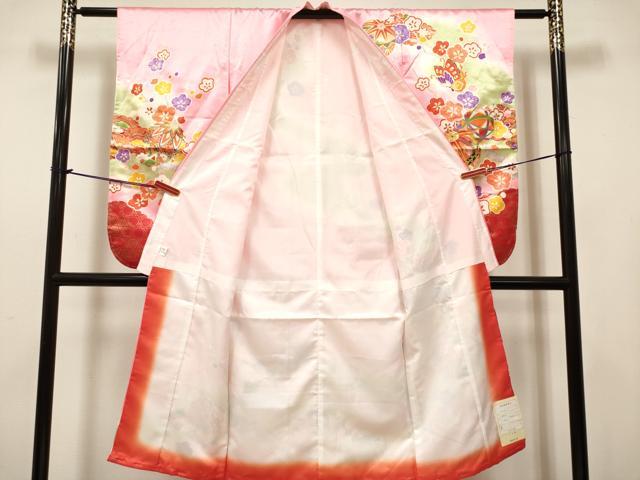 平和屋着物[]七五三　女の子　７歳　祝着　四つ身　枝梅舞蝶鞠文　暈し染め　金彩　DABH5396ea