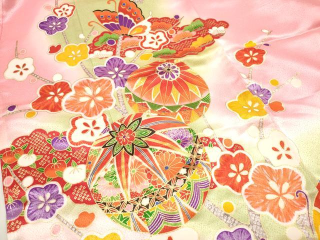 平和屋着物[]七五三　女の子　７歳　祝着　四つ身　枝梅舞蝶鞠文　暈し染め　金彩　DABH5396ea