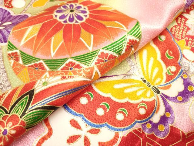 平和屋着物[]七五三　女の子　７歳　祝着　四つ身　枝梅舞蝶鞠文　暈し染め　金彩　DABH5396ea