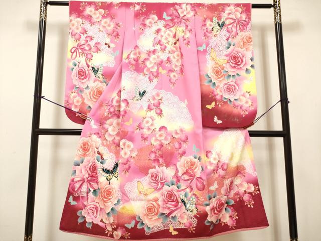 平和屋着物[]七五三　女の子　７歳　祝着　四つ身　扇面花蝶文　薔薇　バラ　暈し染め　洗える着物　DABH5399ea