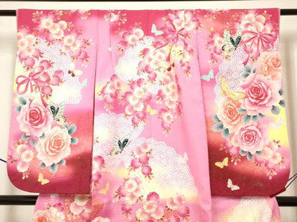 平和屋着物[]七五三　女の子　７歳　祝着　四つ身　扇面花蝶文　薔薇　バラ　暈し染め　洗える着物　DABH5399ea