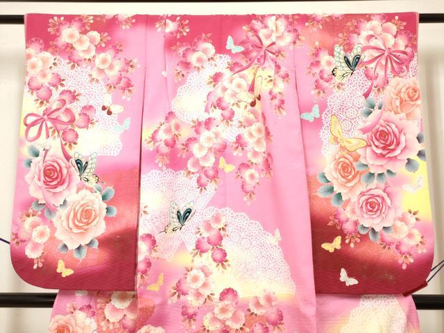 平和屋着物[]七五三　女の子　７歳　祝着　四つ身　扇面花蝶文　薔薇　バラ　暈し染め　洗える着物　DABH5399ea