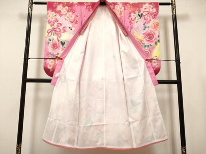 平和屋着物[]七五三　女の子　７歳　祝着　四つ身　扇面花蝶文　薔薇　バラ　暈し染め　洗える着物　DABH5399ea