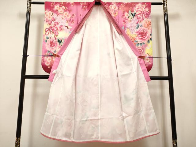 平和屋着物[]七五三　女の子　７歳　祝着　四つ身　扇面花蝶文　薔薇　バラ　暈し染め　洗える着物　DABH5399ea